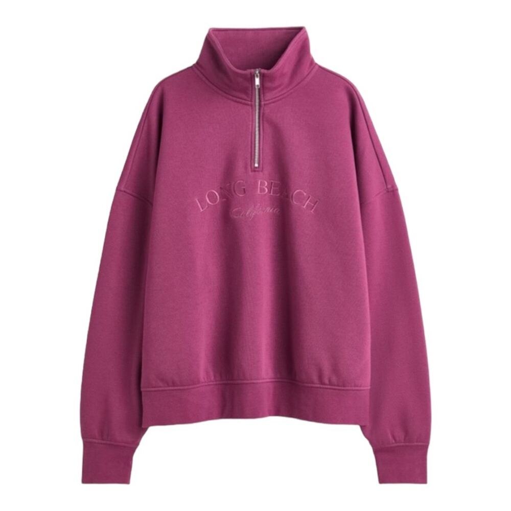 H&M Oversized Long Beach Spellout Half Zip Stand Up Collar Dropped Shoulder NWT
